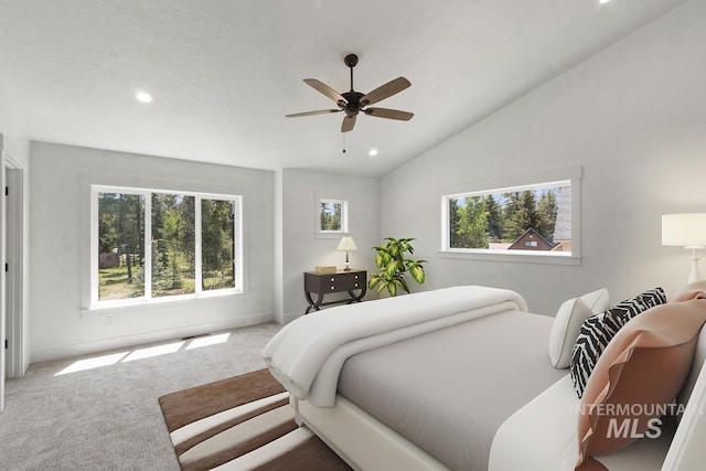 12975 Sandy Dr, Donnelly, ID 83615 - carpeted bedroom featuring recessed lighting, lofted ceiling, and ceiling fan