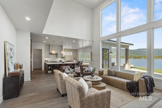 12975 Sandy Dr, Donnelly, ID 83615 - living area featuring a water view, wood finished floors, a high ceiling, recessed lighting, and baseboards