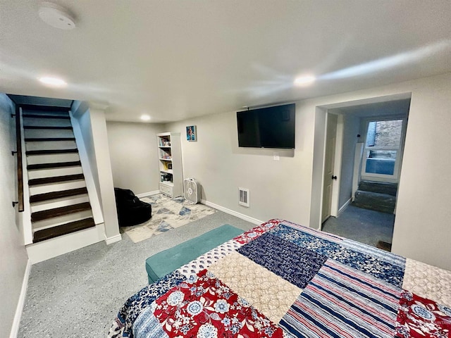 bedroom featuring recessed lighting, visible vents, and baseboards