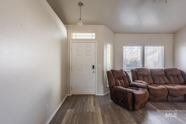 foyer entrance featuring baseboards, wood finished floors, and a textured ceiling