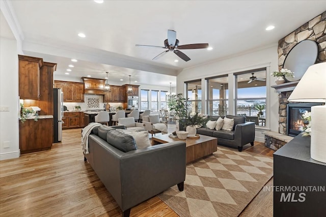 living room featuring ornamental molding, plenty of natural light, and light hardwood / wood-style floors