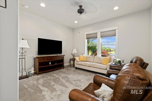 547 S Rivermist Ave, Star, ID 83669 - living room featuring carpet floors, ceiling fan, and recessed lighting