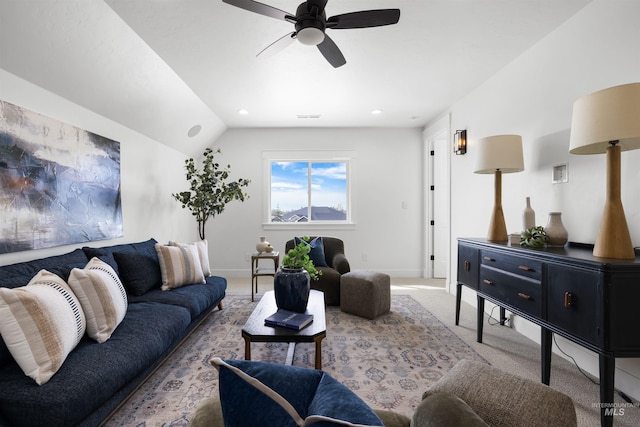 carpeted living area featuring recessed lighting, visible vents, a ceiling fan, and baseboards