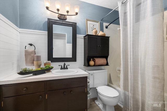 222 Dawn St, Eagle, ID 83616 - full bathroom with shower / bathtub combination with curtain, vanity, and wainscoting