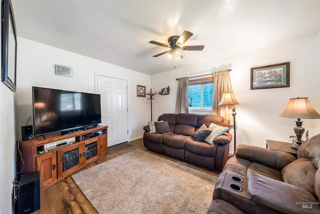 living room with ceiling fan and hardwood / wood-style flooring