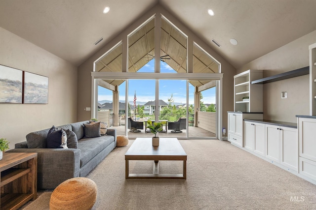 1358 N Morehouse Ave, Eagle, ID 83616 - carpeted living room with lofted ceiling, recessed lighting, and a residential view