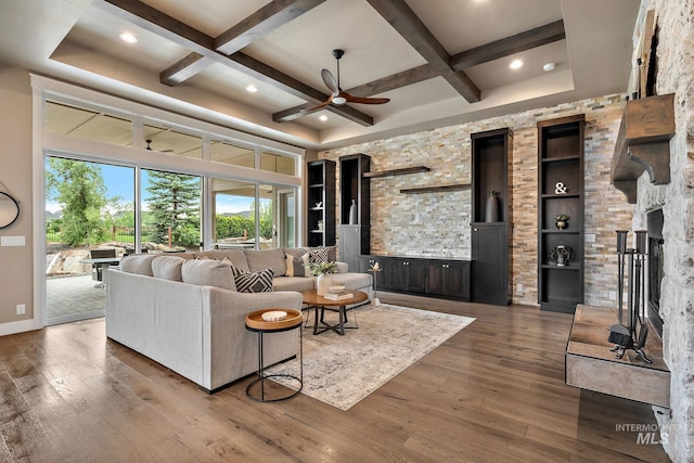 1358 N Morehouse Ave, Eagle, ID 83616 - living room with coffered ceiling, ceiling fan, beamed ceiling, recessed lighting, and wood finished floors