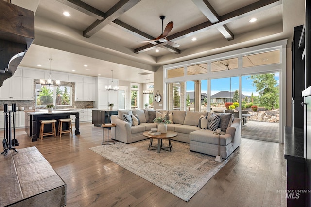 1358 N Morehouse Ave, Eagle, ID 83616 - living room with a chandelier, coffered ceiling, ceiling fan, recessed lighting, and hardwood / wood-style floors