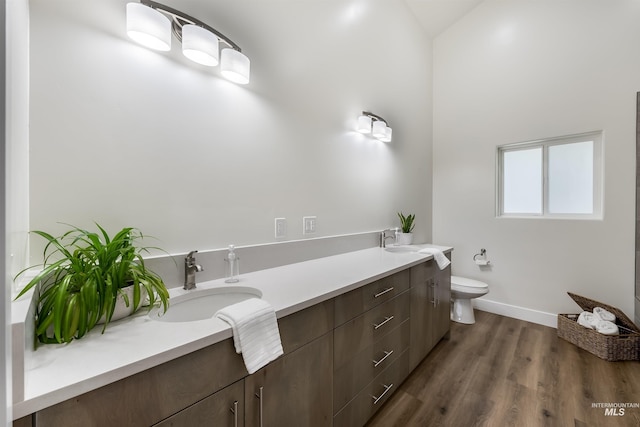 bathroom with double vanity, baseboards, toilet, wood finished floors, and a sink