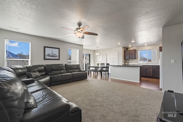 living room with ceiling fan, plenty of natural light, dark hardwood / wood-style floors, and a textured ceiling