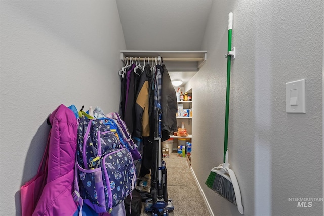 walk in closet featuring carpet flooring