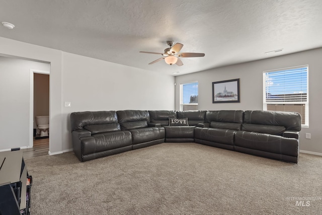 living room with ceiling fan, carpet floors, and a textured ceiling