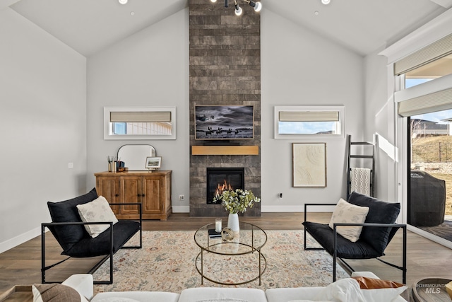 living room featuring a fireplace, hardwood / wood-style flooring, and high vaulted ceiling