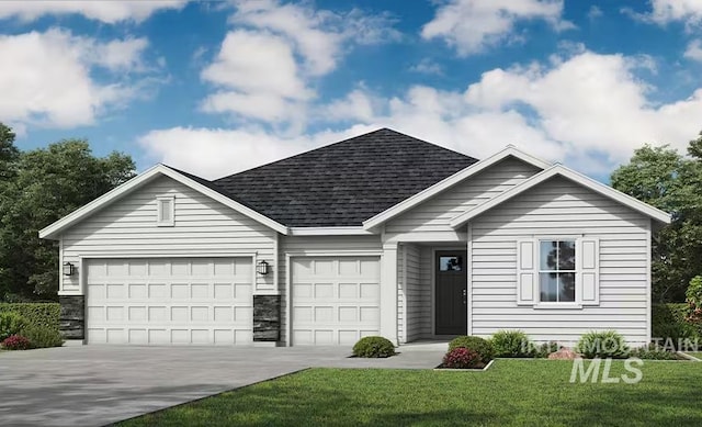 ranch-style house with an attached garage, roof with shingles, a front yard, and concrete driveway