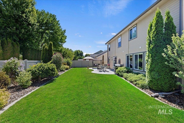 view of yard featuring a patio area and a fenced backyard