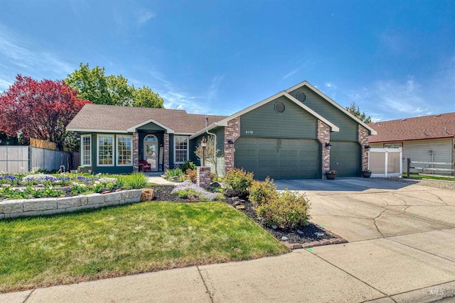 ranch-style house with a front yard, a garage, brick siding, concrete driveway, and fence