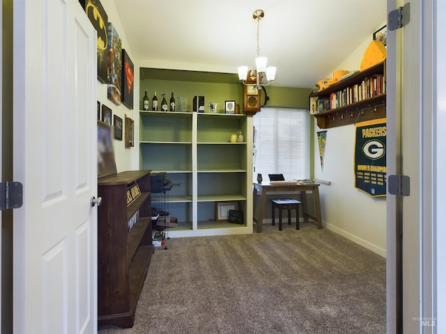 office area with carpet and an inviting chandelier