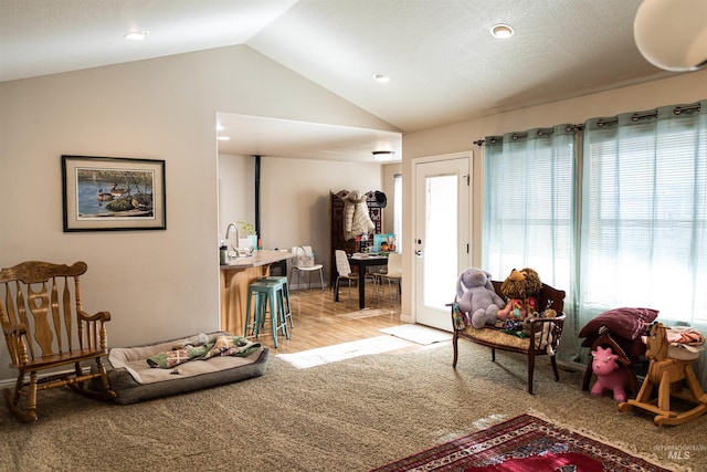 sitting room with lofted ceiling, sink, and carpet