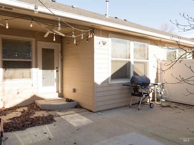 property entrance with a patio area