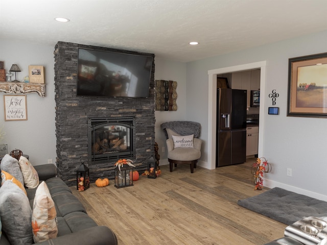 living room with a stone fireplace and wood-type flooring