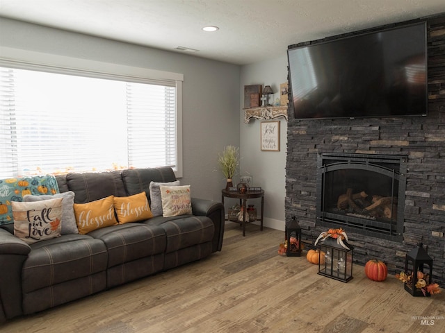 living room with a stone fireplace and light hardwood / wood-style flooring