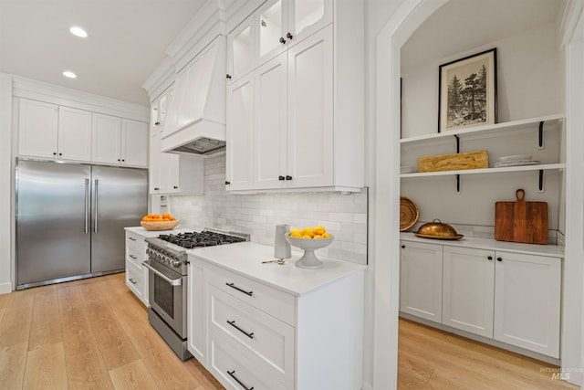 kitchen featuring custom exhaust hood, premium appliances, light wood-style flooring, and light countertops