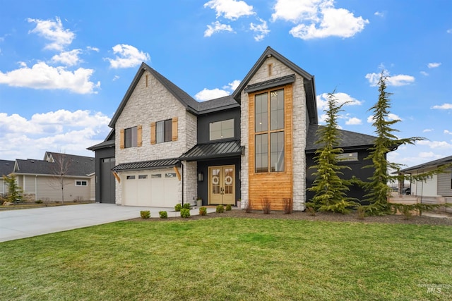 view of front of house with a front lawn, a standing seam roof, metal roof, concrete driveway, and a garage