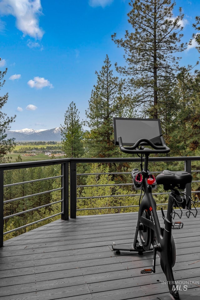 wooden terrace featuring a mountain view