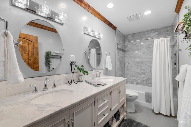 full bathroom with shower / bath combination with curtain, oversized vanity, toilet, and double sink