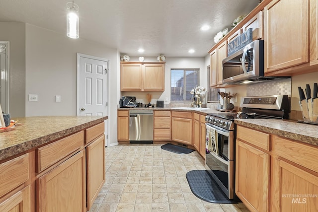 kitchen with pendant lighting, light brown cabinetry, backsplash, recessed lighting, and appliances with stainless steel finishes