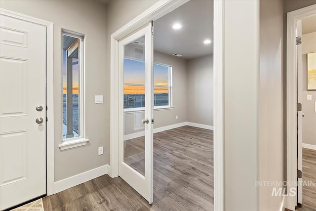 foyer entrance with light hardwood / wood-style floors and french doors