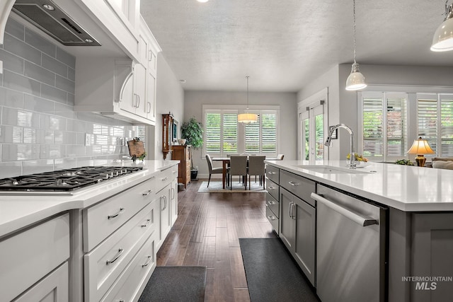 6922 N Agrarian, Meridian, ID 83646 - kitchen with stainless steel appliances, a sink, light countertops, a textured ceiling, and dark wood-type flooring