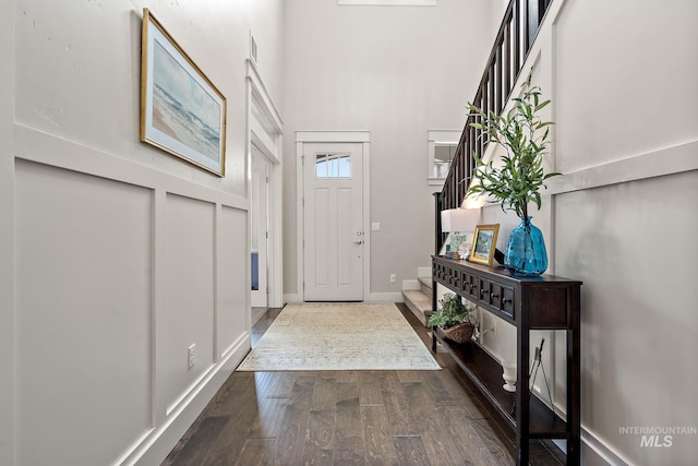 6922 N Agrarian, Meridian, ID 83646 - entrance foyer with stairs, dark wood-style floors, and a towering ceiling