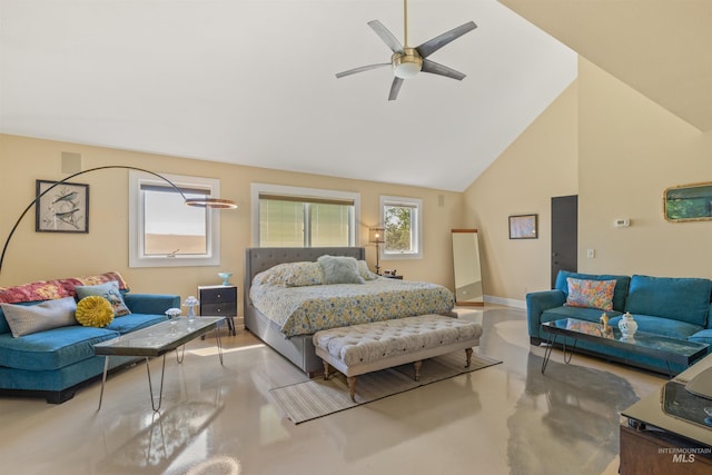 bedroom featuring concrete floors, ceiling fan, and high vaulted ceiling