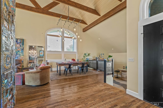 dining room featuring dark hardwood / wood-style flooring, high vaulted ceiling, a chandelier, and beamed ceiling