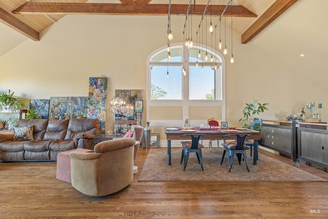 dining room featuring high vaulted ceiling, beam ceiling, and hardwood / wood-style flooring