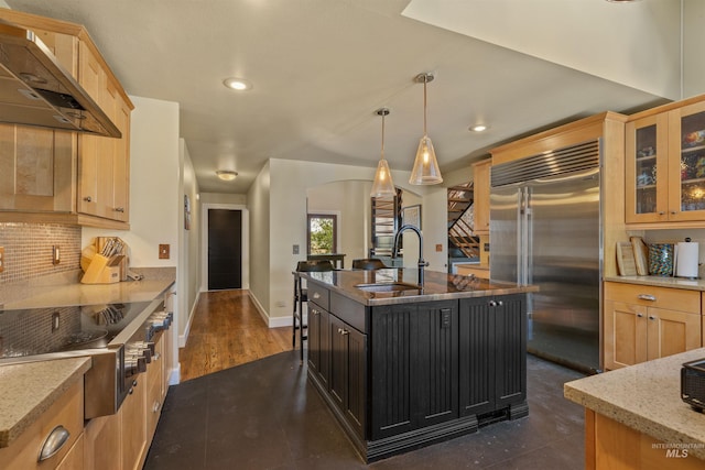 kitchen featuring hanging light fixtures, appliances with stainless steel finishes, sink, wall chimney exhaust hood, and a kitchen island with sink