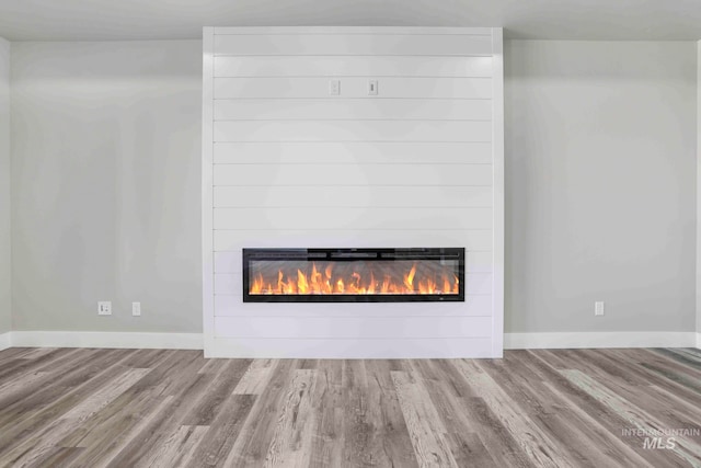 details with hardwood / wood-style flooring and a fireplace