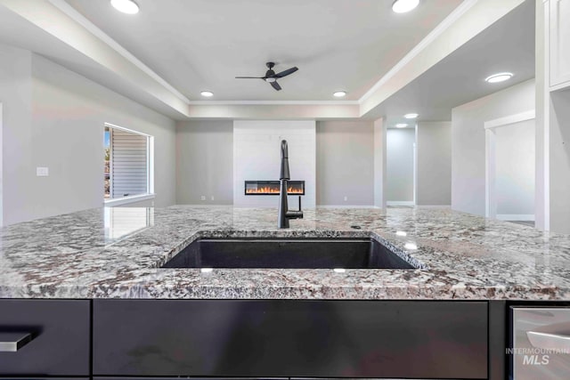 kitchen featuring ornamental molding, sink, white cabinets, a fireplace, and ceiling fan