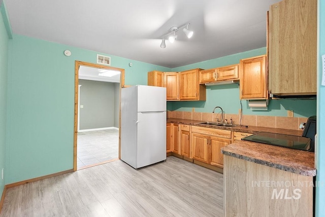 720 E Main St, Jerome, ID 83338 - kitchen with freestanding refrigerator, a sink, baseboards, light wood finished floors, and stove