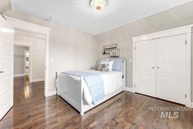 bedroom with wood-type flooring, baseboards, lofted ceiling, and a closet