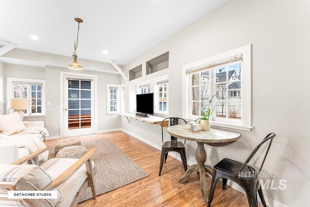 living area featuring baseboards, wood finished floors, recessed lighting, and a healthy amount of sunlight