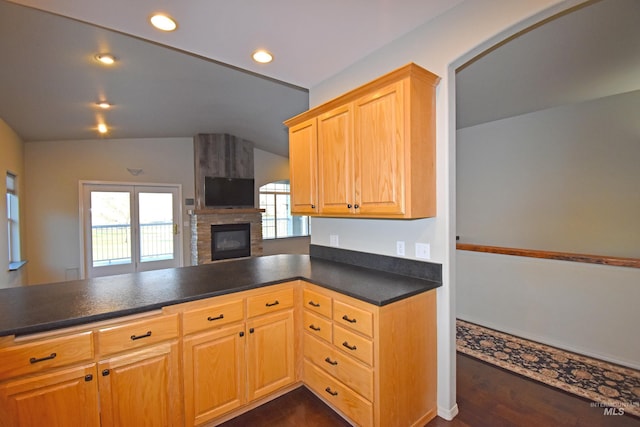 kitchen featuring kitchen peninsula, light brown cabinetry, a large fireplace, and dark hardwood / wood-style flooring