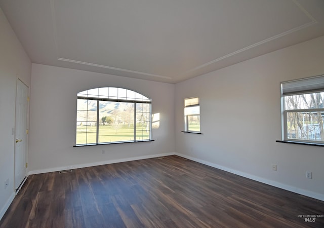 unfurnished room with dark wood-type flooring