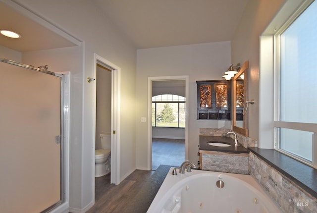 full bathroom featuring hardwood / wood-style floors, toilet, vanity, and shower with separate bathtub