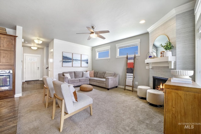2858 Sunray Loop, Twin Falls, ID 83301 - living area featuring a fireplace, ceiling fan, baseboards, ornamental molding, and recessed lighting