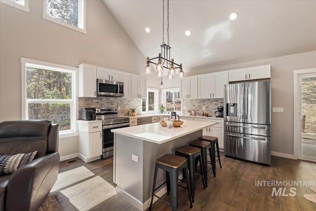 kitchen with appliances with stainless steel finishes, a breakfast bar area, high vaulted ceiling, light countertops, and white cabinets