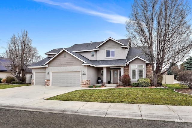 view of front of home featuring fence, a front yard, a garage, stone siding, and driveway