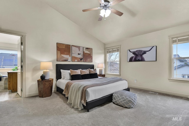 bedroom with visible vents, high vaulted ceiling, a ceiling fan, carpet flooring, and baseboards