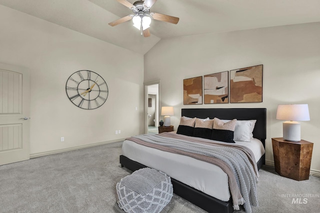 carpeted bedroom featuring ceiling fan, high vaulted ceiling, and baseboards